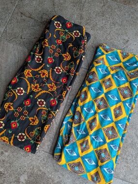 LuLaRoe Leggings Black with Floral Print & Yellow Blue Geometric Pair